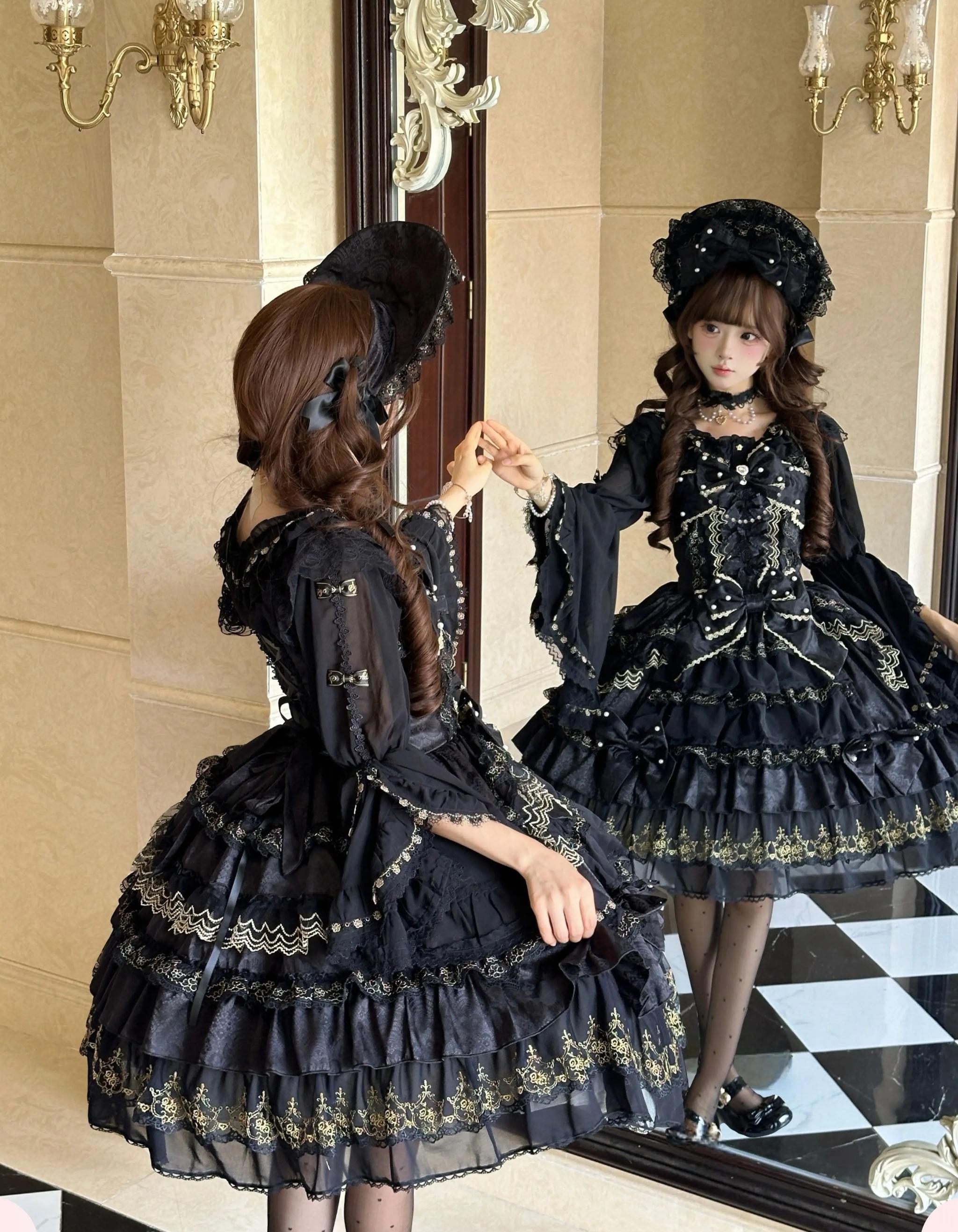 Slumbering Pearl Curtain - Sweet Lolita JSK Dress, Pearl Bows and Layered Lace 45780:862500