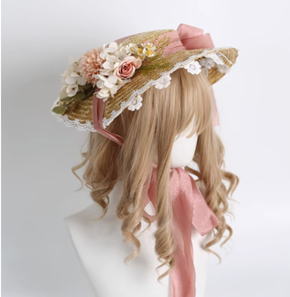 Xiaogui - Elegant Lolita Flower Bow Lace Sunhat pink Cap diameter 32cm