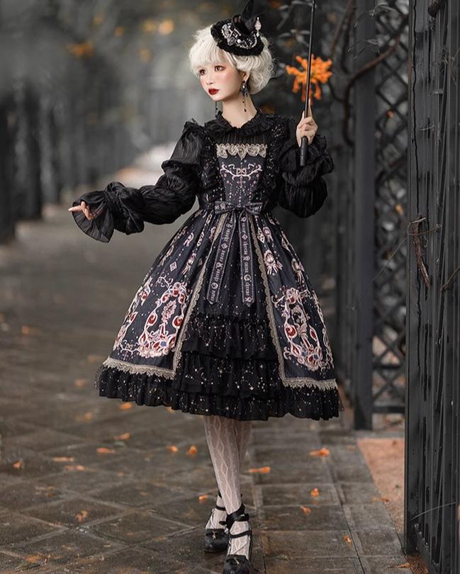 Cheese Cocoa - Star Drop Ceremony - Elegant Lolita JSK Printing Open Front Dress and Blouse Set S black JSK