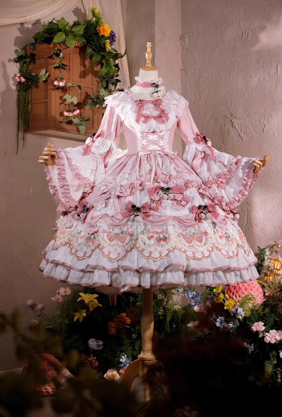 Bramble Rose - Starryberry Eden - Hime-sleeved Sweet Lolita Dress, Strawberry Embroidery 44262:801235