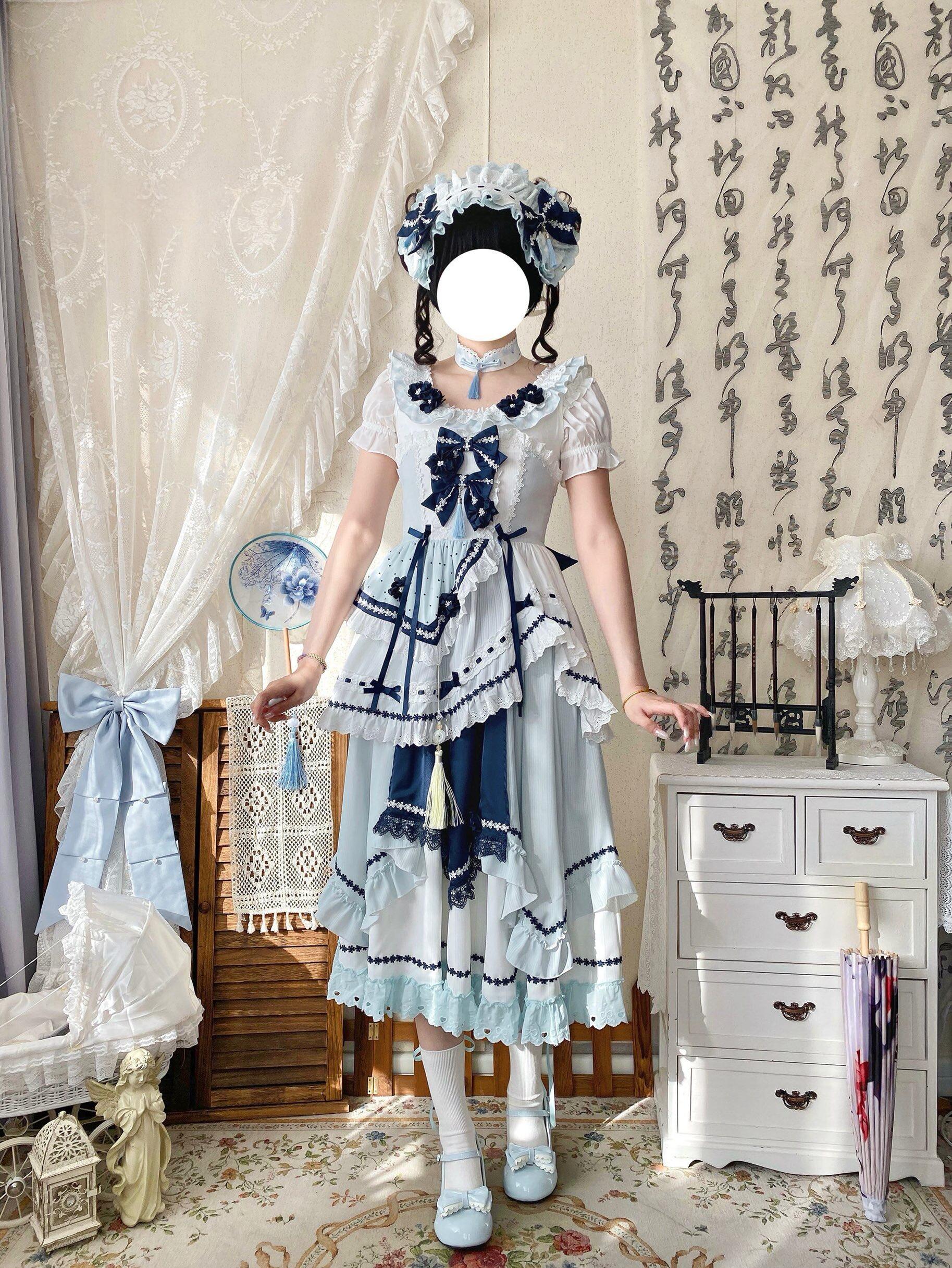 Blue and White Dream - Classic Lolita JSK Dress, Irregular Layered Hem