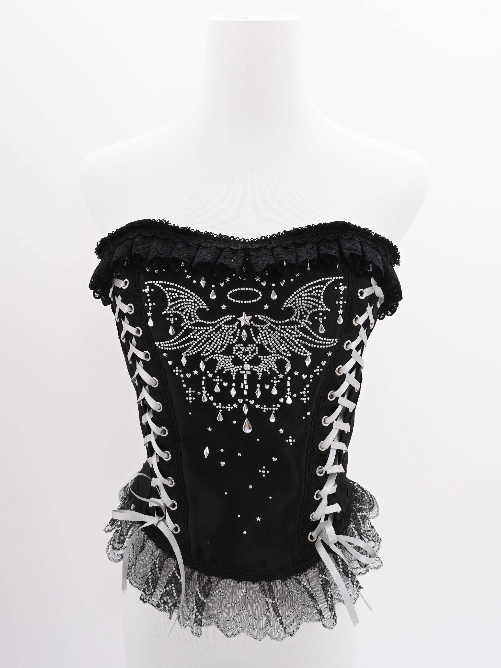 LustrE - Metallic Angel Black - Gothic Lolita Rhinestone Top & Ruffled Skirt Set 43991:791097