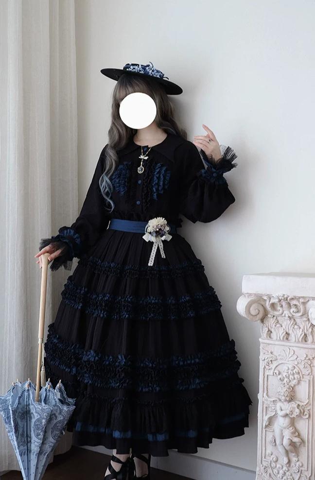 Wings and Bouquet - Dark Classic Lolita Blouse and SK Set, Layered Blue Ruffles (L M S XL XS) 45680:858336