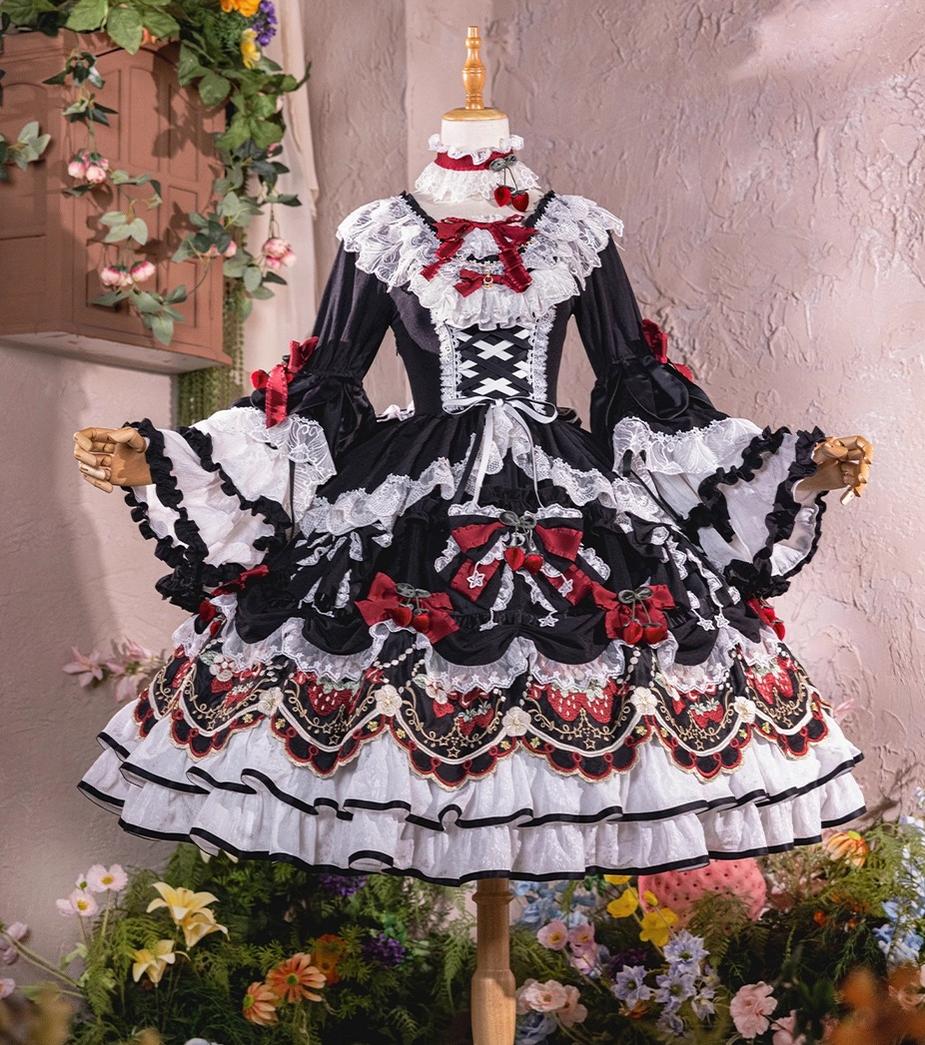 Bramble Rose - Starryberry Eden - Hime-sleeved Sweet Lolita Dress, Strawberry Embroidery (L M S) 44262:801244