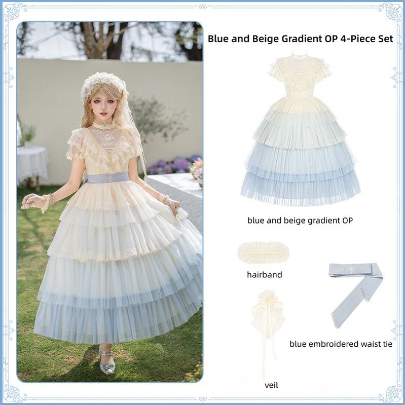 True Vow - Embroidered Classic Lolita Dress, Layered Gradient Hem Blue-beige Gradient OP 4-Piece Set (OP + hairband + head veil + embroidered waist tie) S