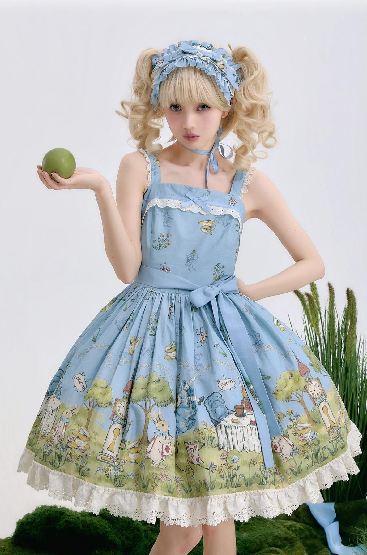 Alice - Sweet Lolita Cotton Lining Dress, Bunny & Clock Print JSK Only (cotton-like version) S