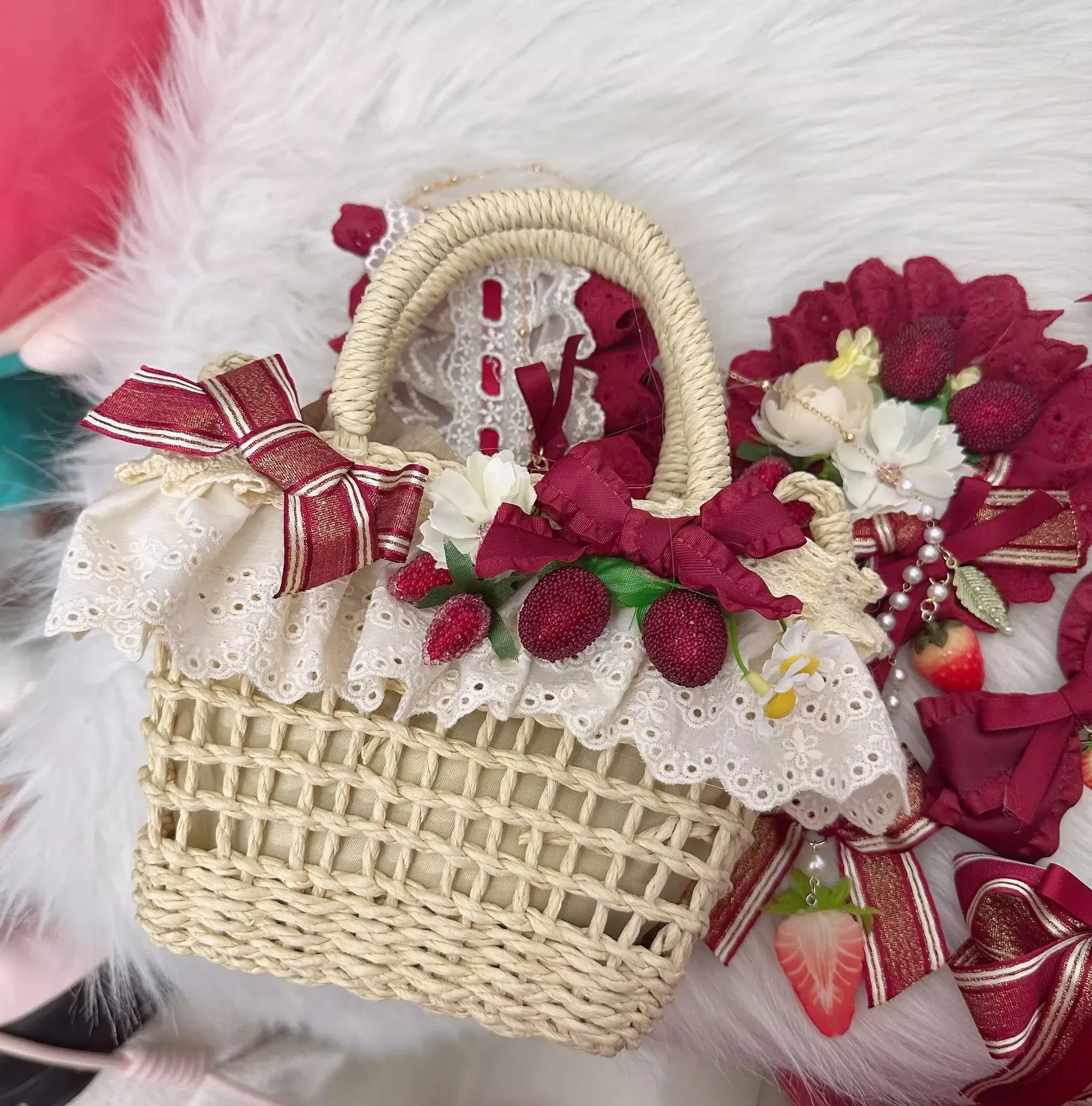 Red Sweet Lolita Headdress, Bows and Strawberry Pendants Bag Only