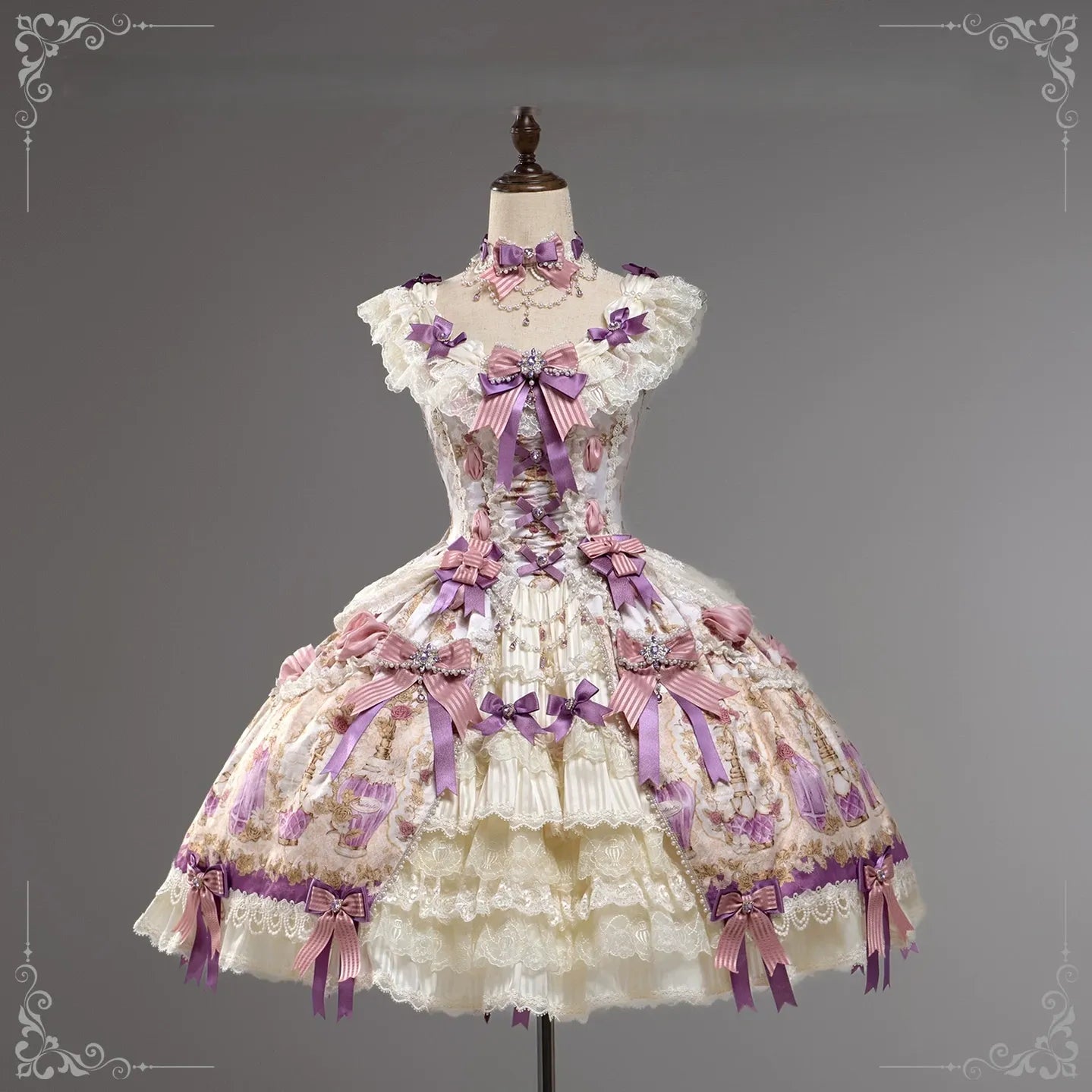 Antique Gem Fragrance - Gorgeous Classic Lolita Dress Set, Floral and Bottle Print (L M S XL XS) 45483:851729