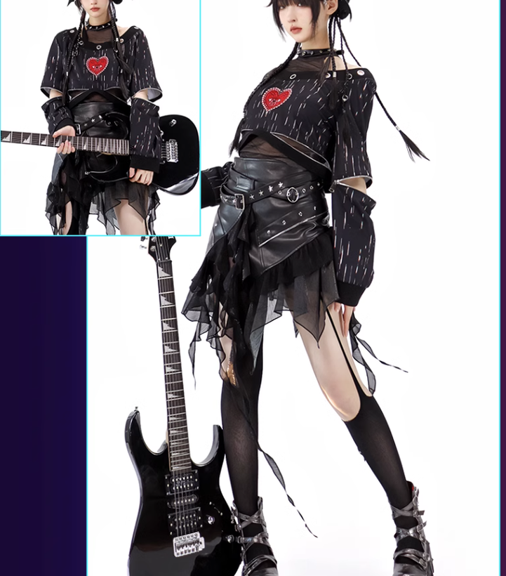 YingLuoFu - Vintage Punk Lolita Heart Pattern Black Skirt Suit