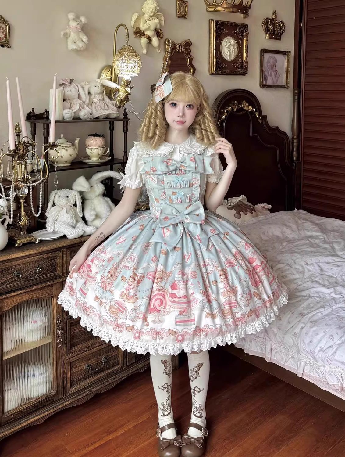 Strawberry Dessert Bear - Kawaii Lolita JSK, Bear and Dessert Print Blue JSK Only S