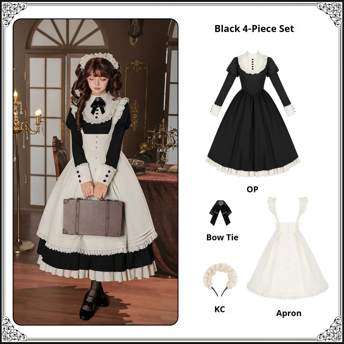 Miss Lita - Classic Lolita Maid OP Dress, Adjustable Flutter Sleeve Apron (L M S) 45858:865815
