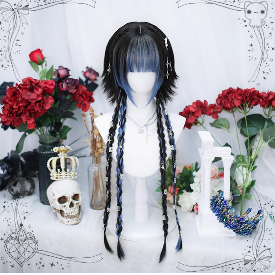 Dalao Home - Moon Night - Lolita Highlights Bang Short Wigs Black- sky blue(braid)