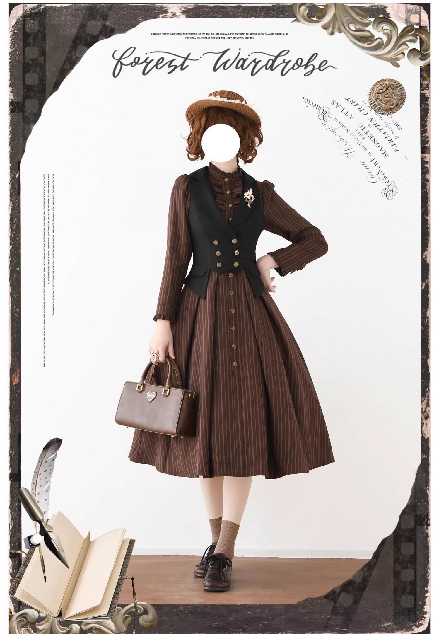 Forest Castle - Classic Lolita Long Striped Dress, Irregular Hem Vest 44441:809865