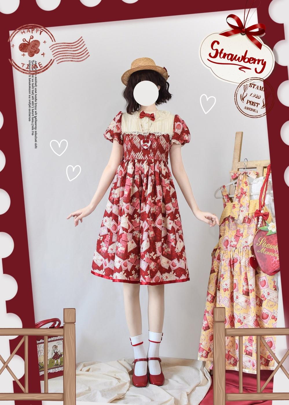 Strawberry Witch - Strawberry Stamp - Sweet Lolita OP Short Sleeve Lolita Dress S Wine red long OP