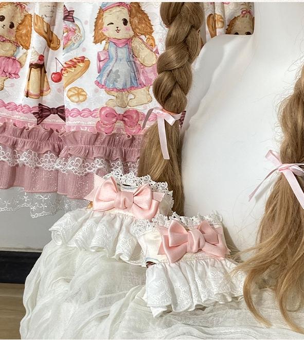 Full Sugar Bakery - Sweet Lolita Puppy Dessert Print OP Dress with Bows A Pair of Cuffs Only (one size / choose M) S