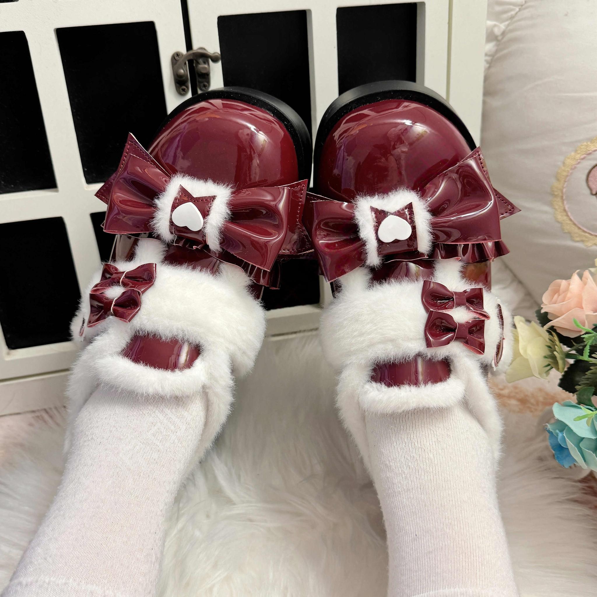 Puyuemeng - Cozy Cake - Winter Warm-lined Sweet Lolita Platform Shoes (Burgundy / 34 35 36 37 38 39 40 41) 44044:793975