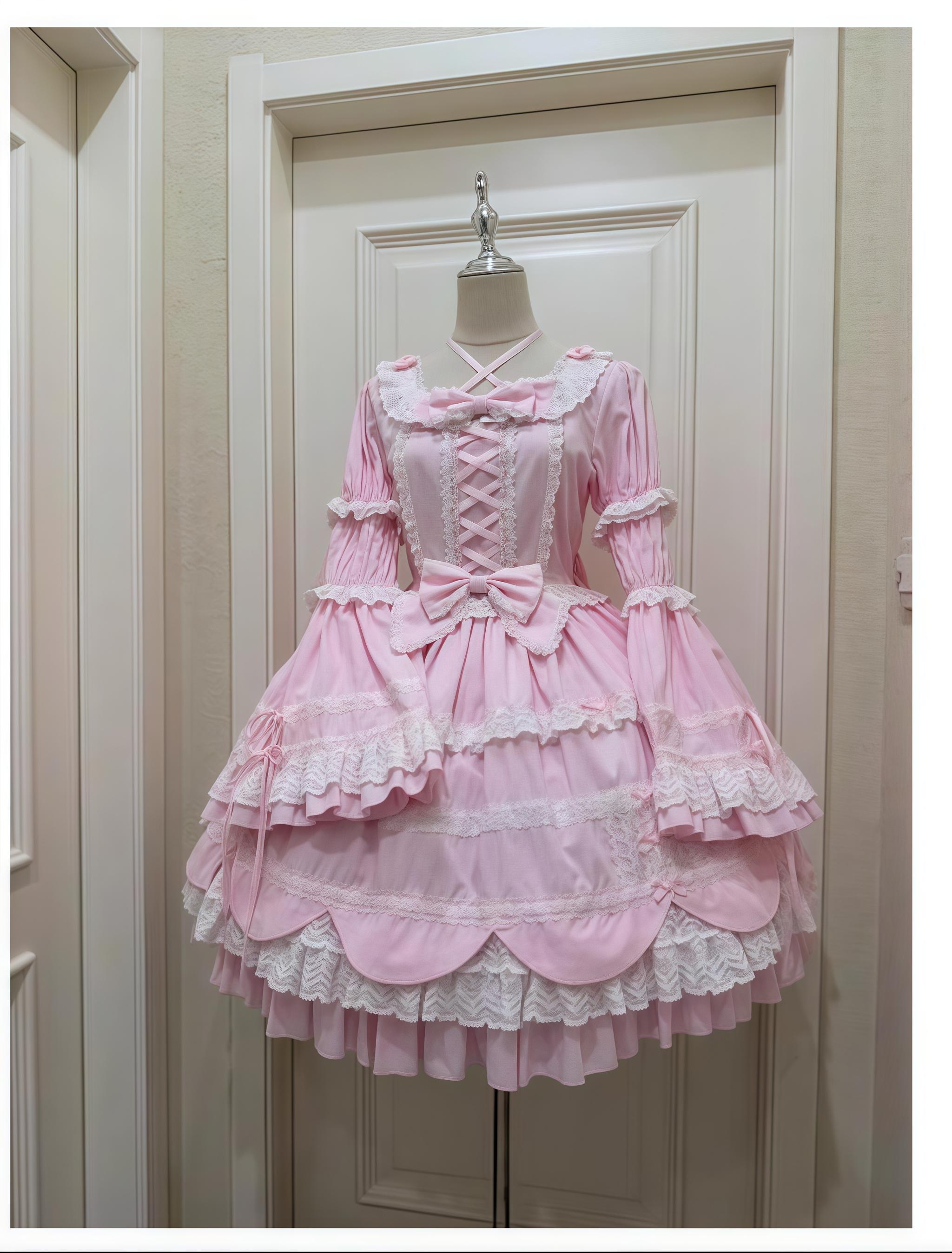 AerialCat~Cream Petals~Old School Lolita OP Tiered Ruffles Cotton Dress 42762:752790