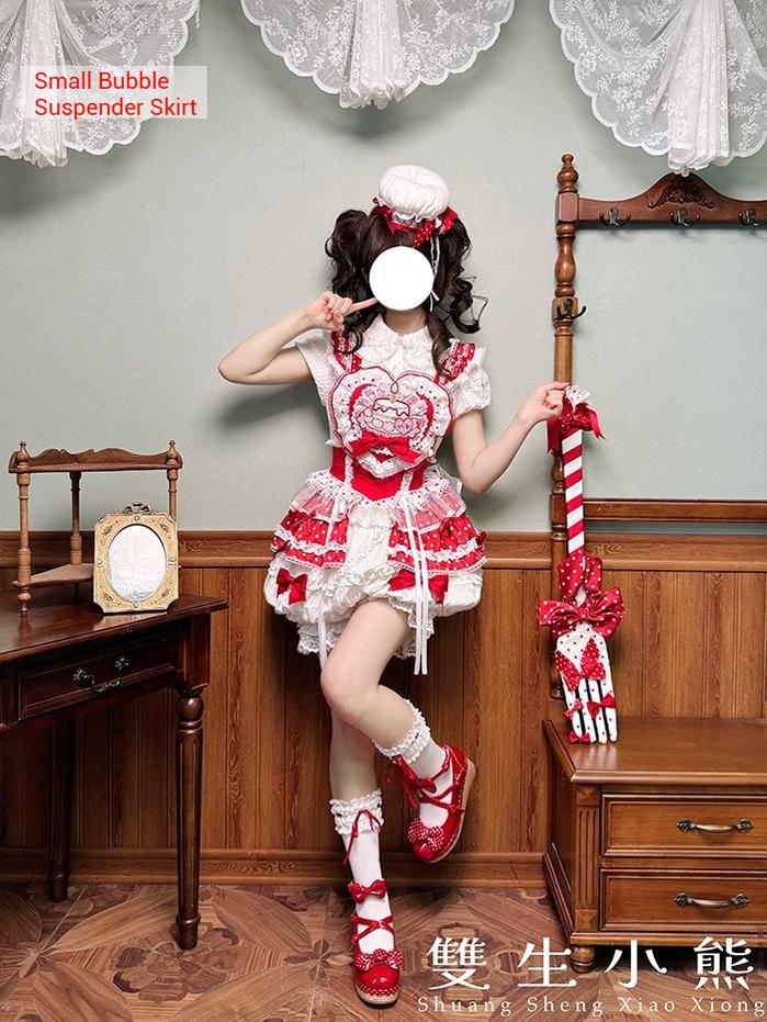 Shuang Sheng Xiao Xiong - Bite The Cake - Sweet Lolita Dress, Red & White Polka Dots 43600:780753