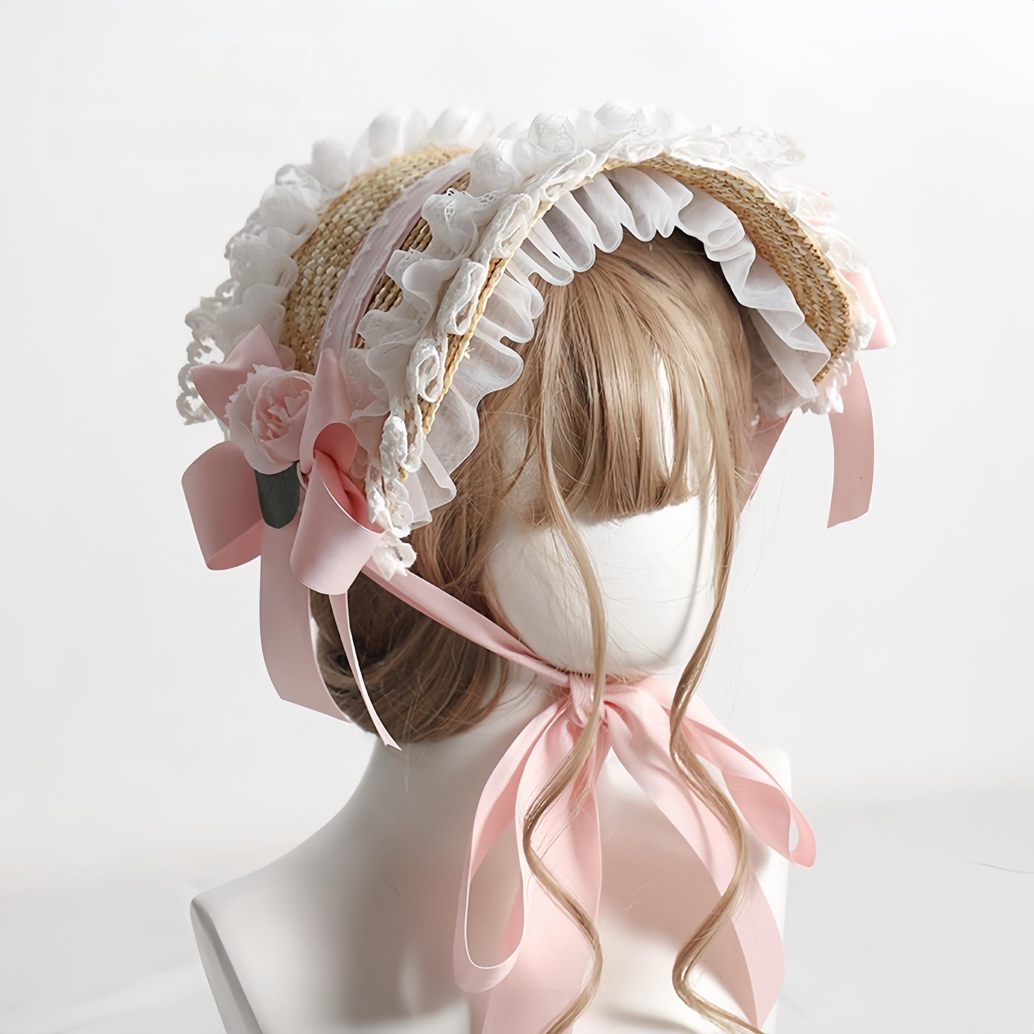 The Accessories' Story - Country Lolita Straw BNT, Ruffled Lace, Artificial Flower No Head Circumference Limitation / One Size Light Pink