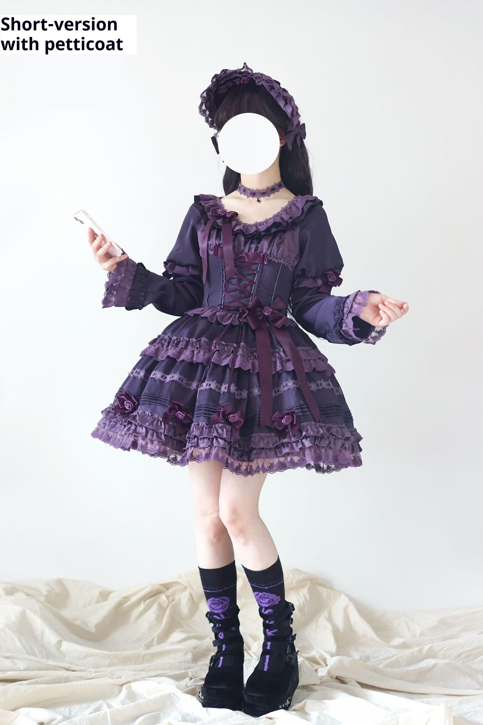 Uncle's Workshop - Stacked Black Currant - Gothic Lolita OP Dress, Detachable Skirt Hem S Pure purple OP only - detachable skirt