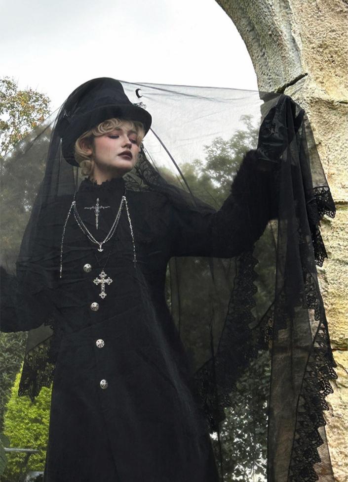 Cain and Lilith - Wool Gothic Lolita Long Coat, Cross Details