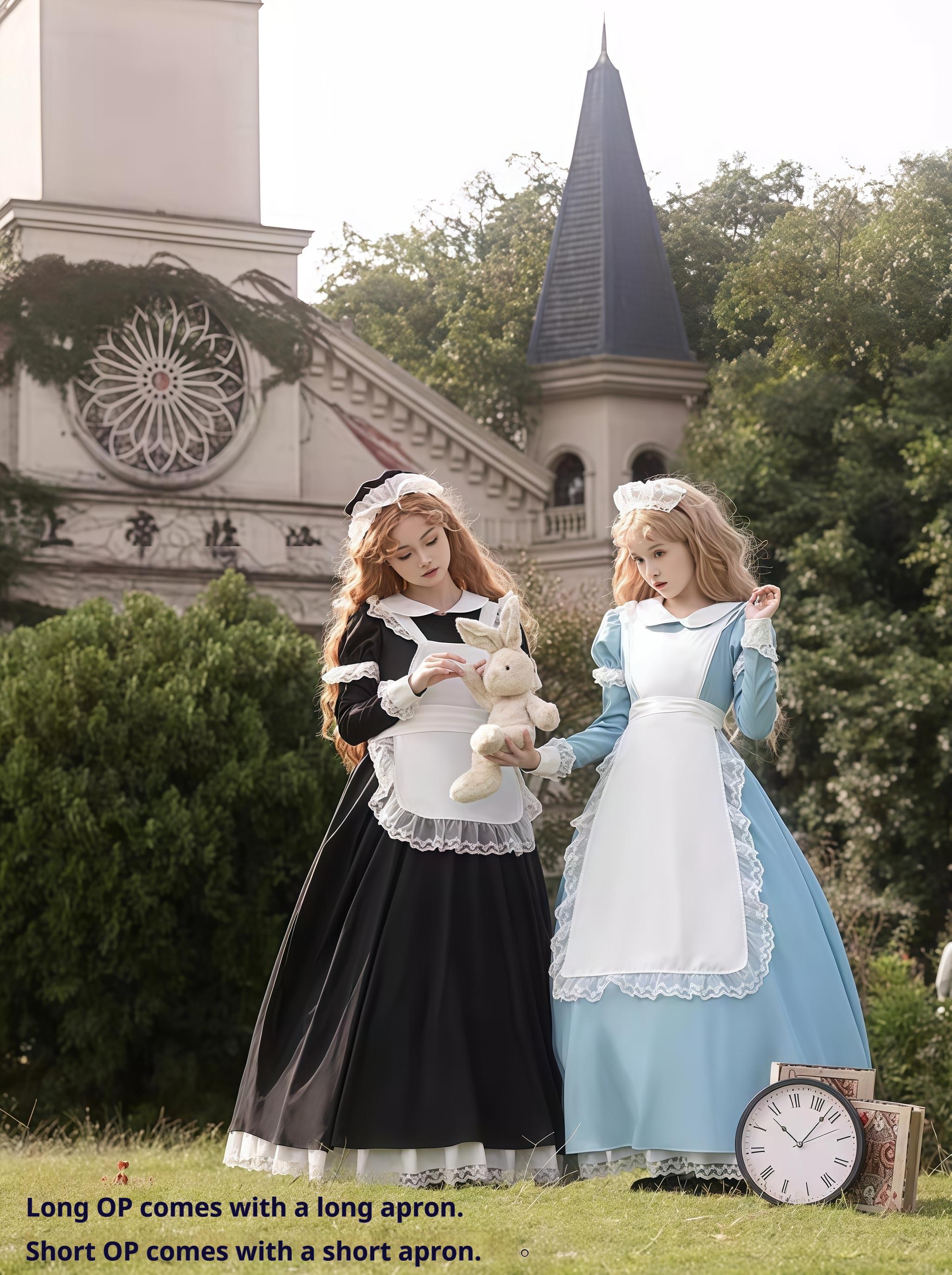 Daydream Whisper - Dream Doll - Plus Size Maid Lolita OP Suit Black and Blue Dress Blue Long OP + Apron S