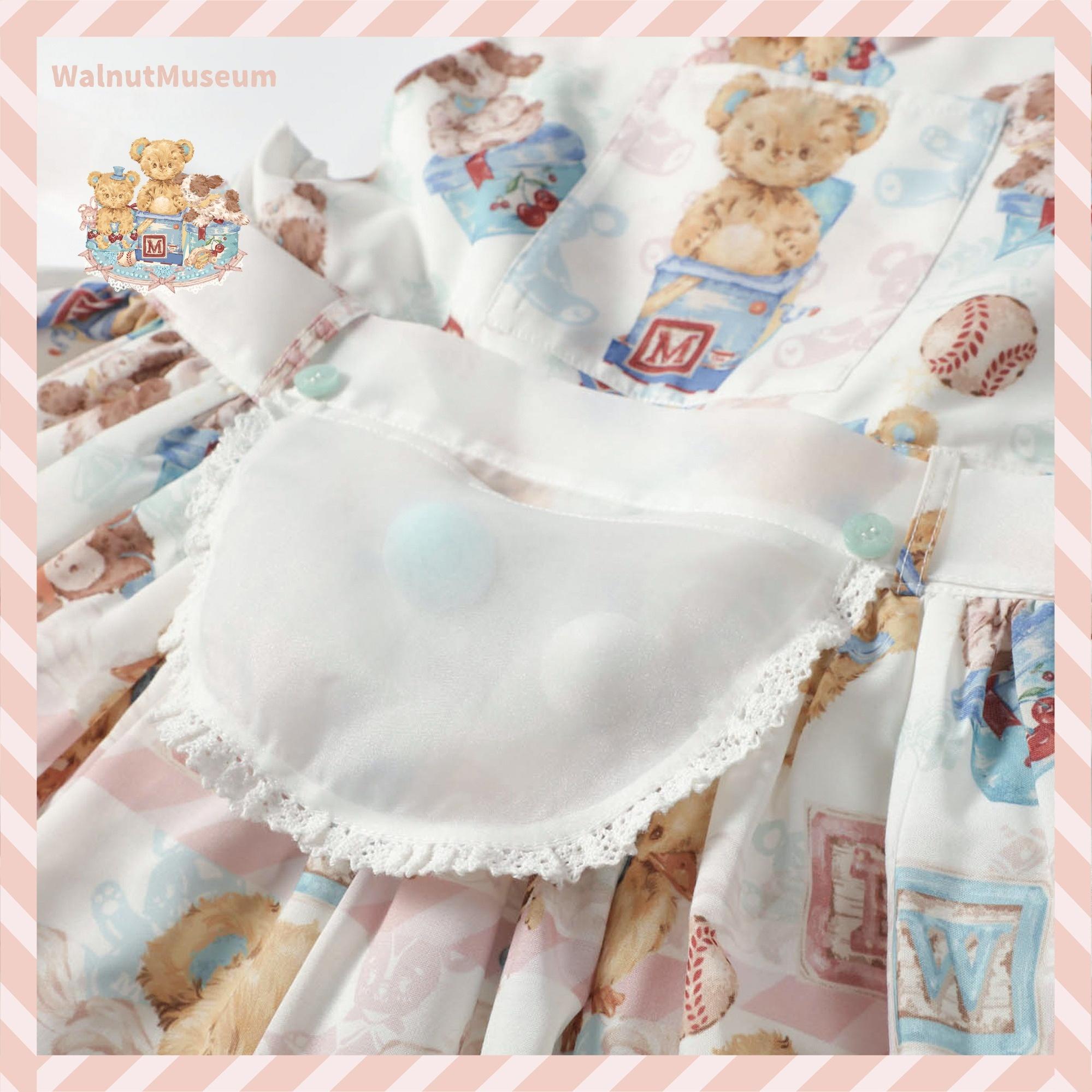 Walnut Museum - Toy Anniversary - Kawaii Lolita Dress Suit Bear Print JSK and Salopette Mini Semi-Transparent Apron (One Size) S