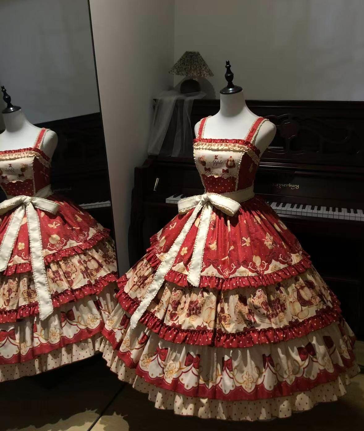 A Red Apple - Sweet Lolita JSK Dress, Tiered Hem Apron