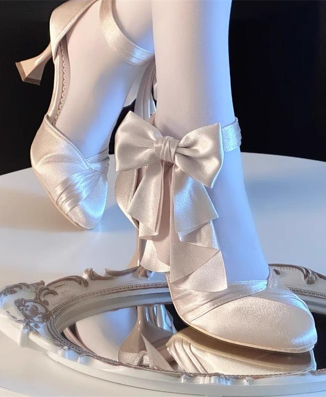 MR.Qiutian~Coronation~Elegant Lolita Shoes Satin Heels With Rose Buckle & Bow Clip 43252:772842