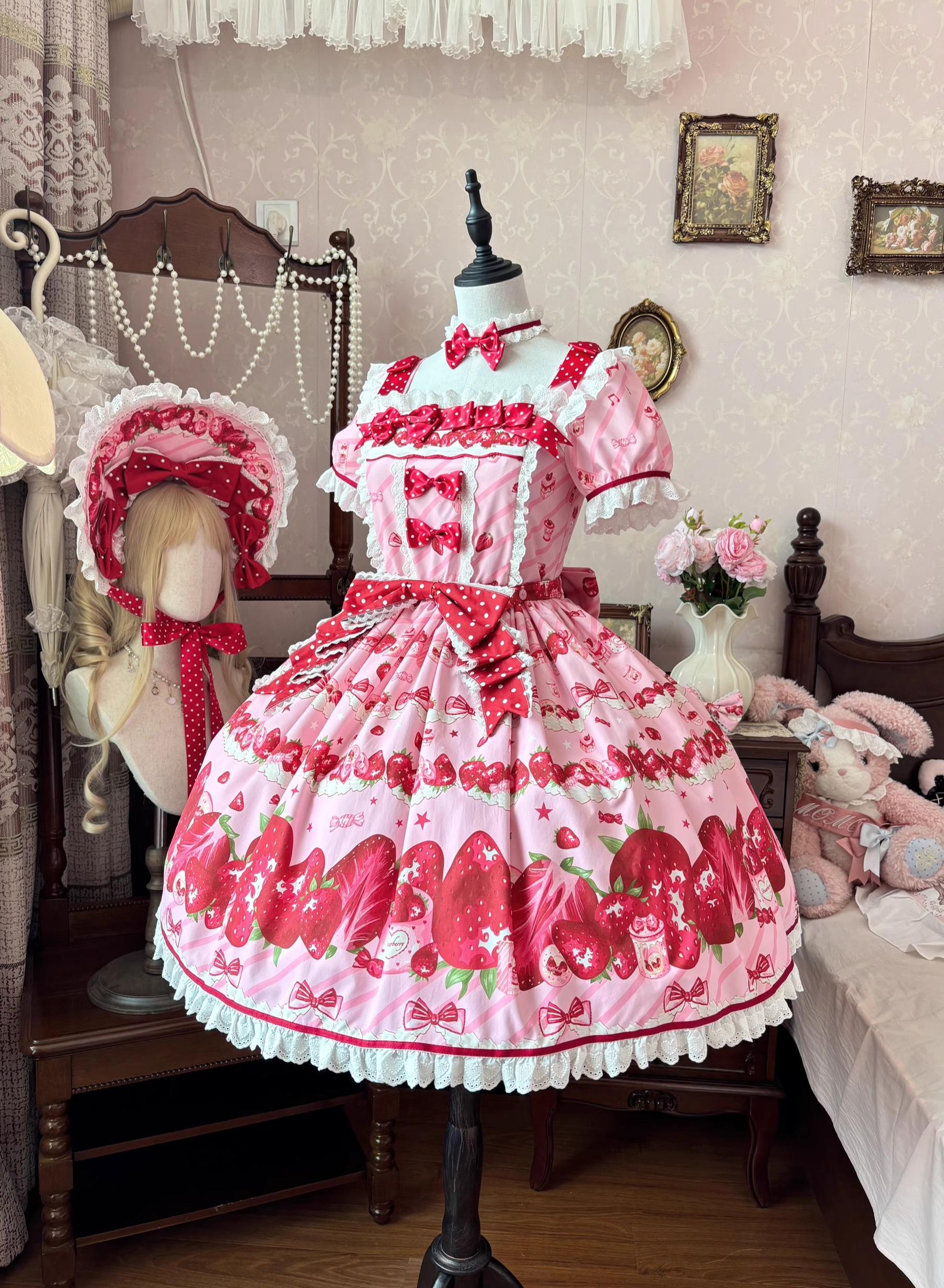Peach Bunny - Strawberry Box - Sweet Lolita OP Dress, Strawberry Print 43994:791552