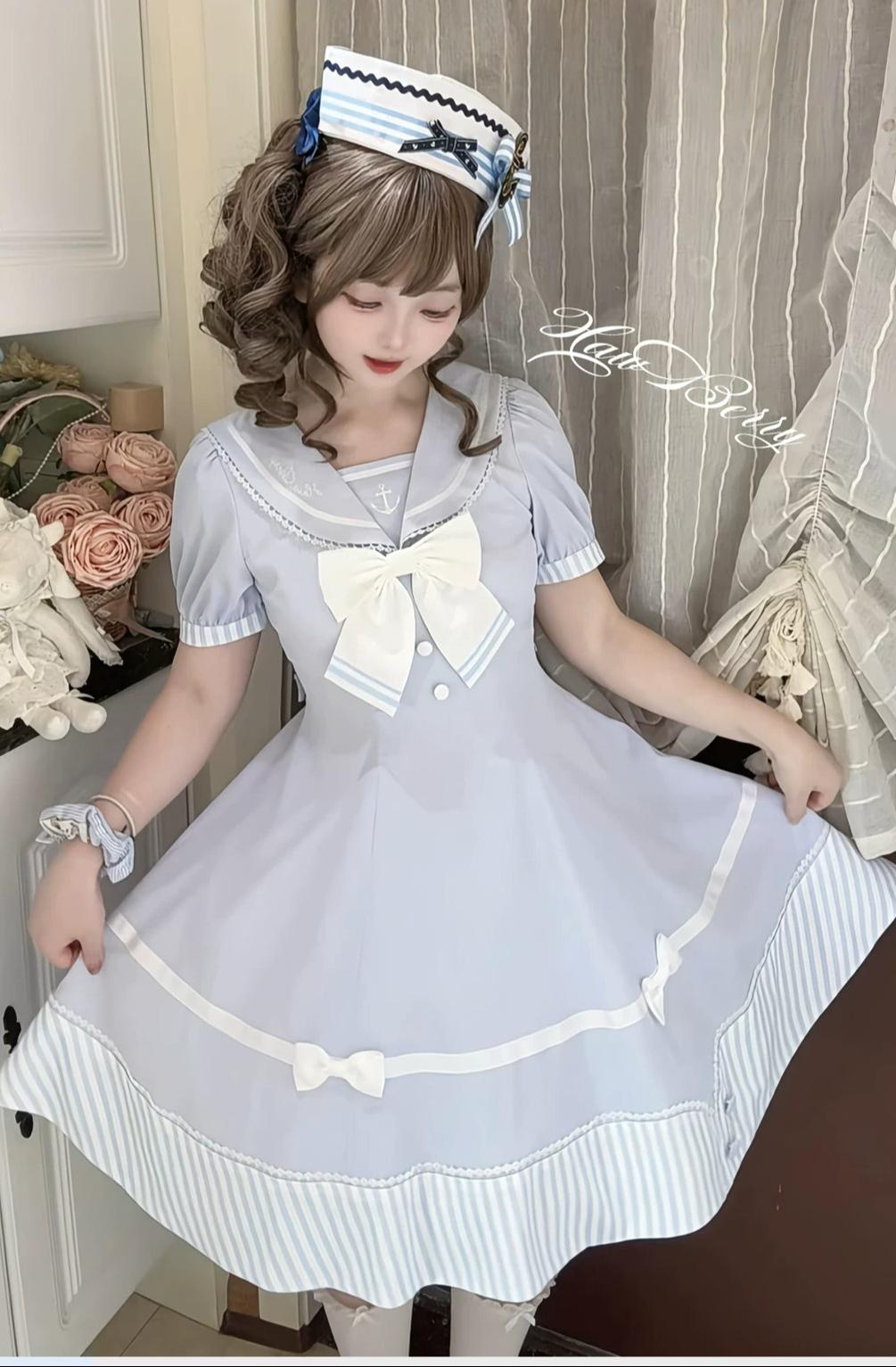 Little Sea Breeze - Summer Sailor Lolita OP Dress with Detachable Bow 45712:859236