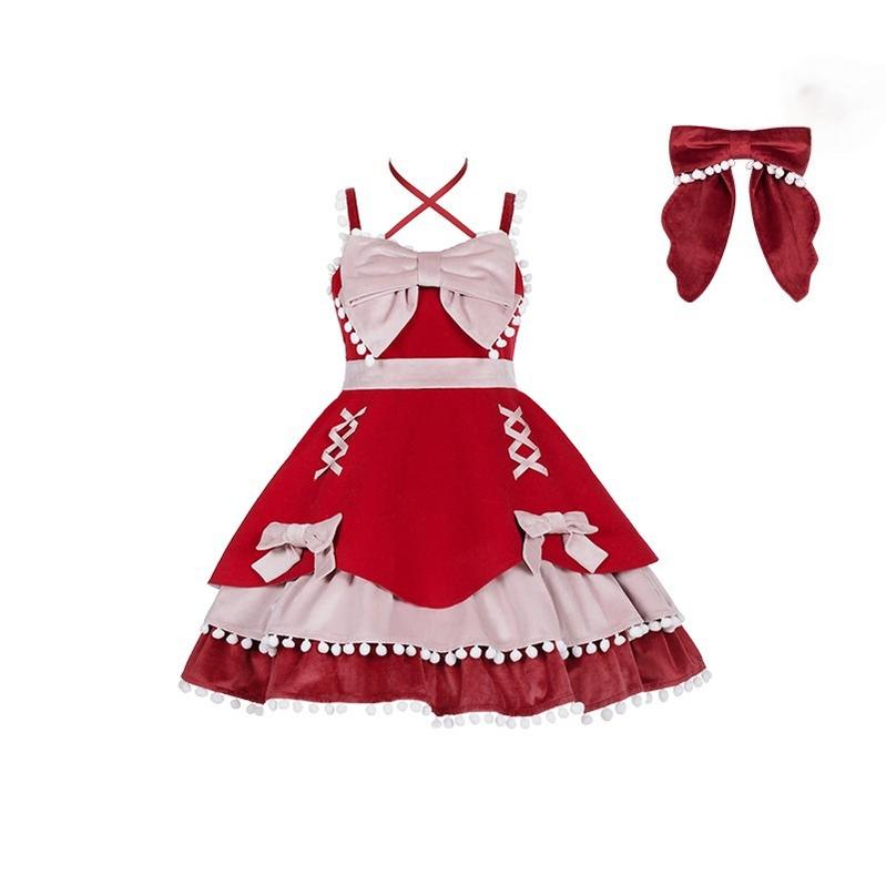 With PUJI - Confession Function - Wool Kawaii Lolita JSK Dress Suit S Red JSK + Back Bow Trailing
