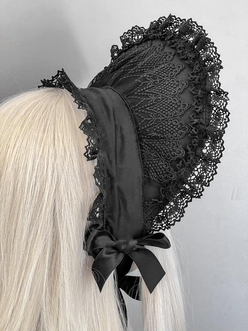 MAID - Gothic Lolita Lace Bonnet Wide Brim Bow BNT Headwear