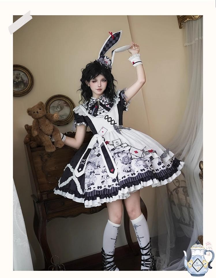 YingLuoFu - Alice - Kawaii Lolita OP Dress, Rabbit & Playing Card Motifs