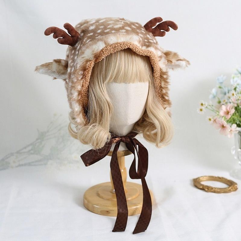 Xiaogui - Deer Spot - Japanese Kawaii Lolita Hat Cute Antler Fleece Lei Feng Hat M (56-58 cm/ 22-23.2 inches) Elk ear Lei Feng hat(without lace trim)_