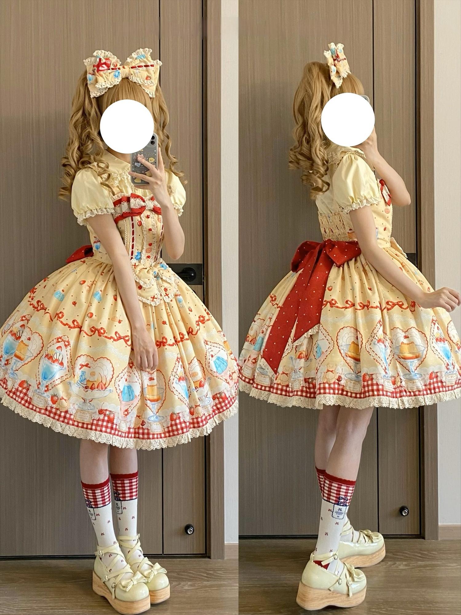DreamWhale - Showa Dessert Showcase - Kawaii Lolita Dress Suit Pudding-Inspired JSK/Salopette 43200:771618