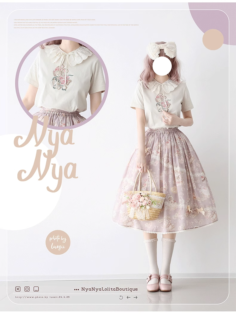 NyaNya - Four Seasons Collection - Sweet Lolita T-shirt Summer Loose Fit Embroidered T-shirt