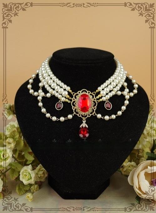 Rose of Sharon - Customized Lolita Pearl Necklace with Gemstone Pendants White Pearl + Dark Red Gemstone/Pendant