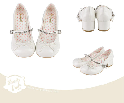 Sheep Puff~Small Berry~Kawaii Lolita Shoes Mid Heel PU Shoe 35 White 
