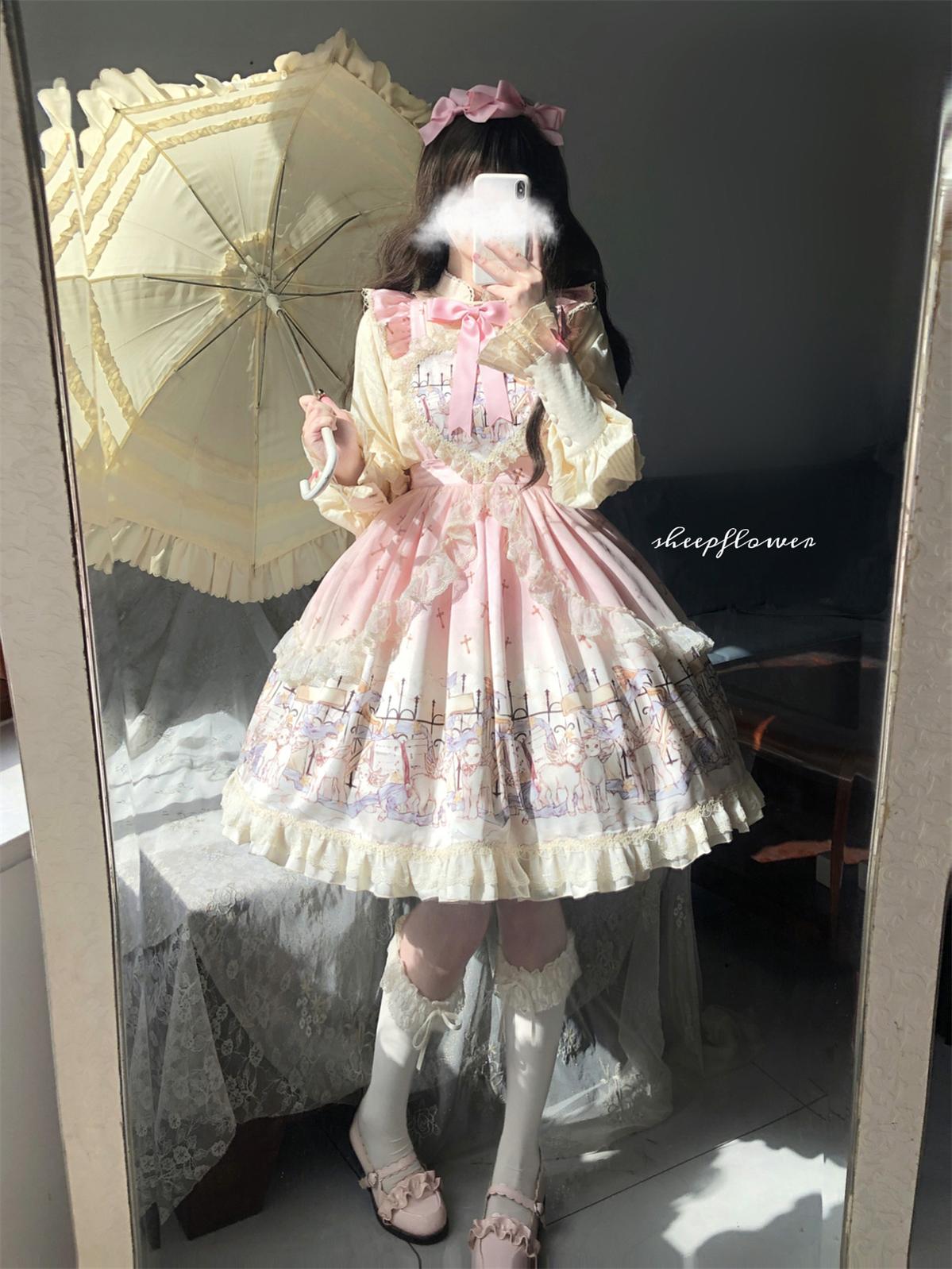 Uncle's Workshop - Angel Lamb - Kawaii Lolita Dress With Side Pockets, Lamb Print Pink Skirt Only S