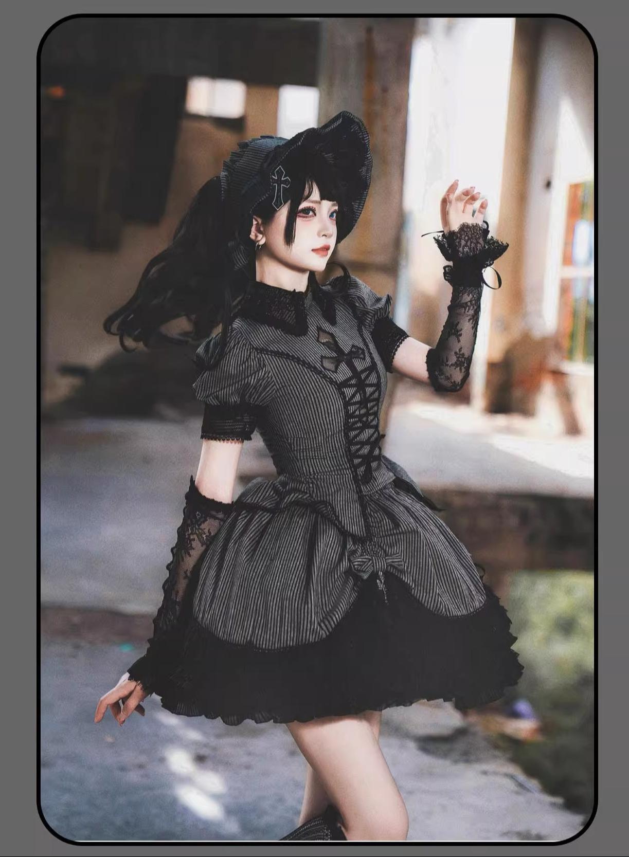 Striped Cross - Gothic Coordinated Lolita Set, Adjustable Blouse & Skirt