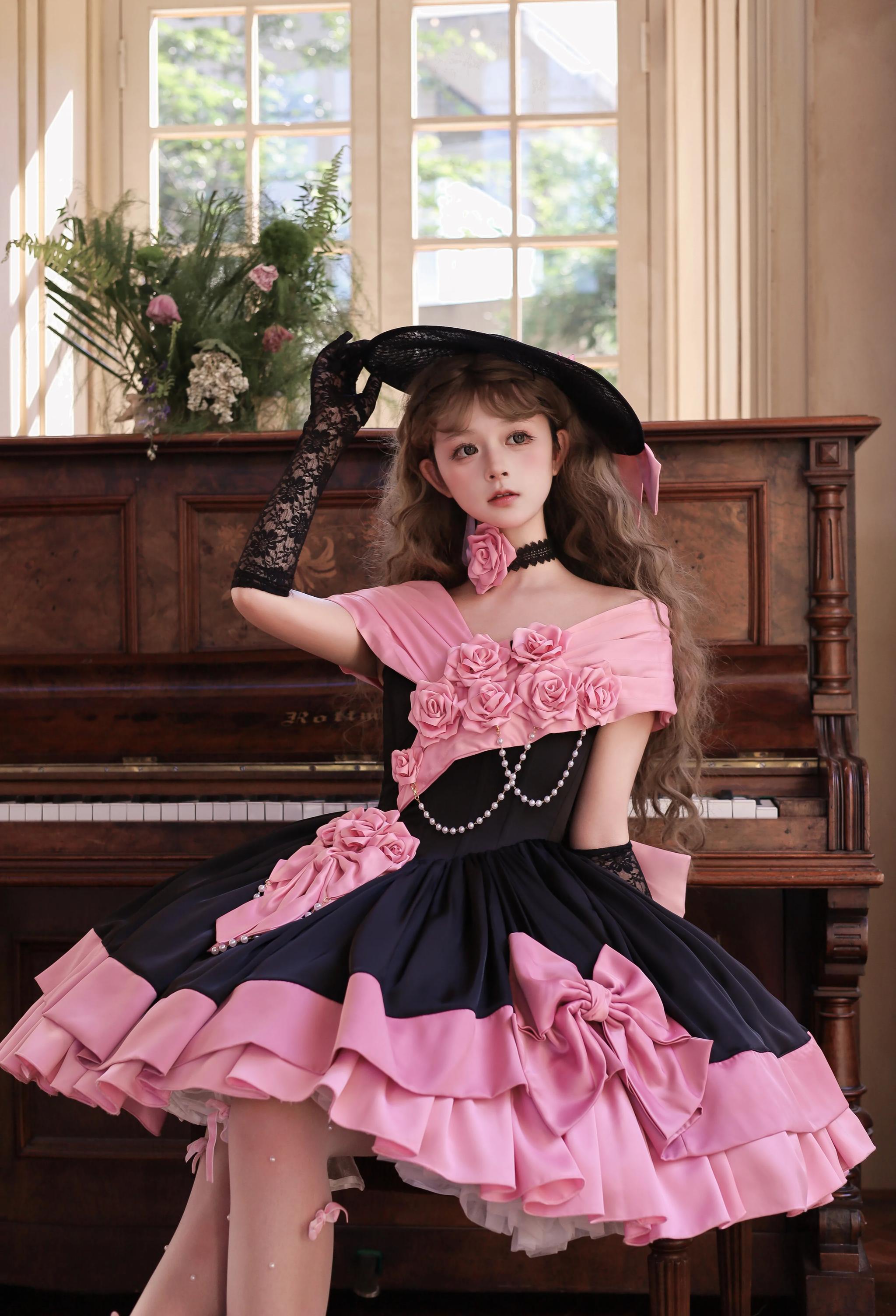 Casket Rose - Elegant Lolita Satin Corset Dress with 3D Pink Roses 45675:858117