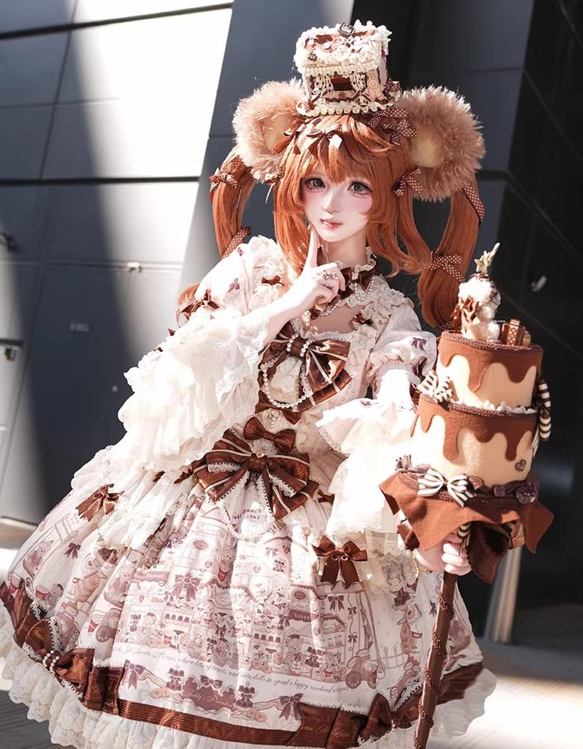 Little Bear Workshop - Primted Sweet Lolita Dress, Long Sleeved Blouse 44573:813785