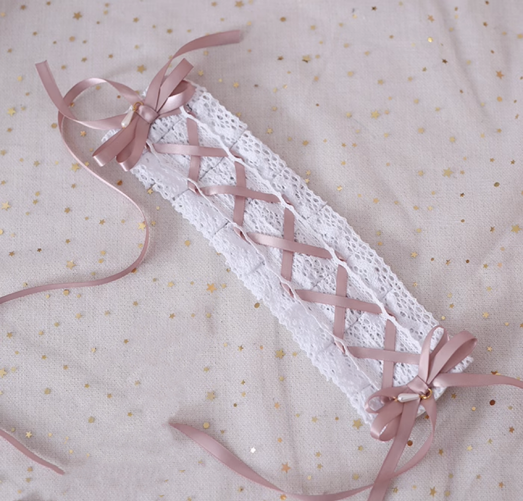 Xiaogui - Japanese Style Sweet Lolita Lace Headband Multicolors White Cotton + Mocha Brown