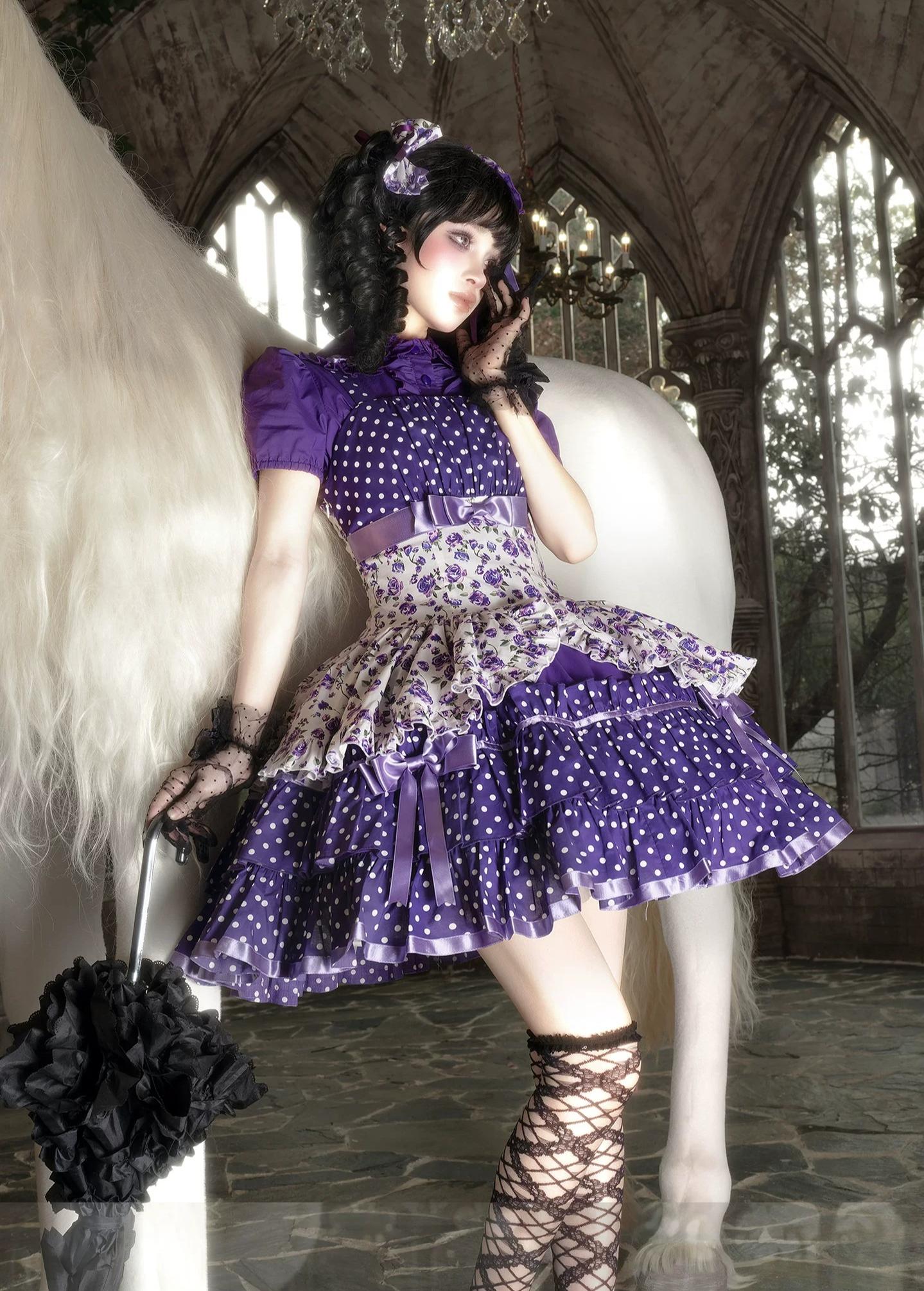 Libobo - Cotton Old School Lolita JSK Dress, Polka Dot & Floral Print 45878:866138
