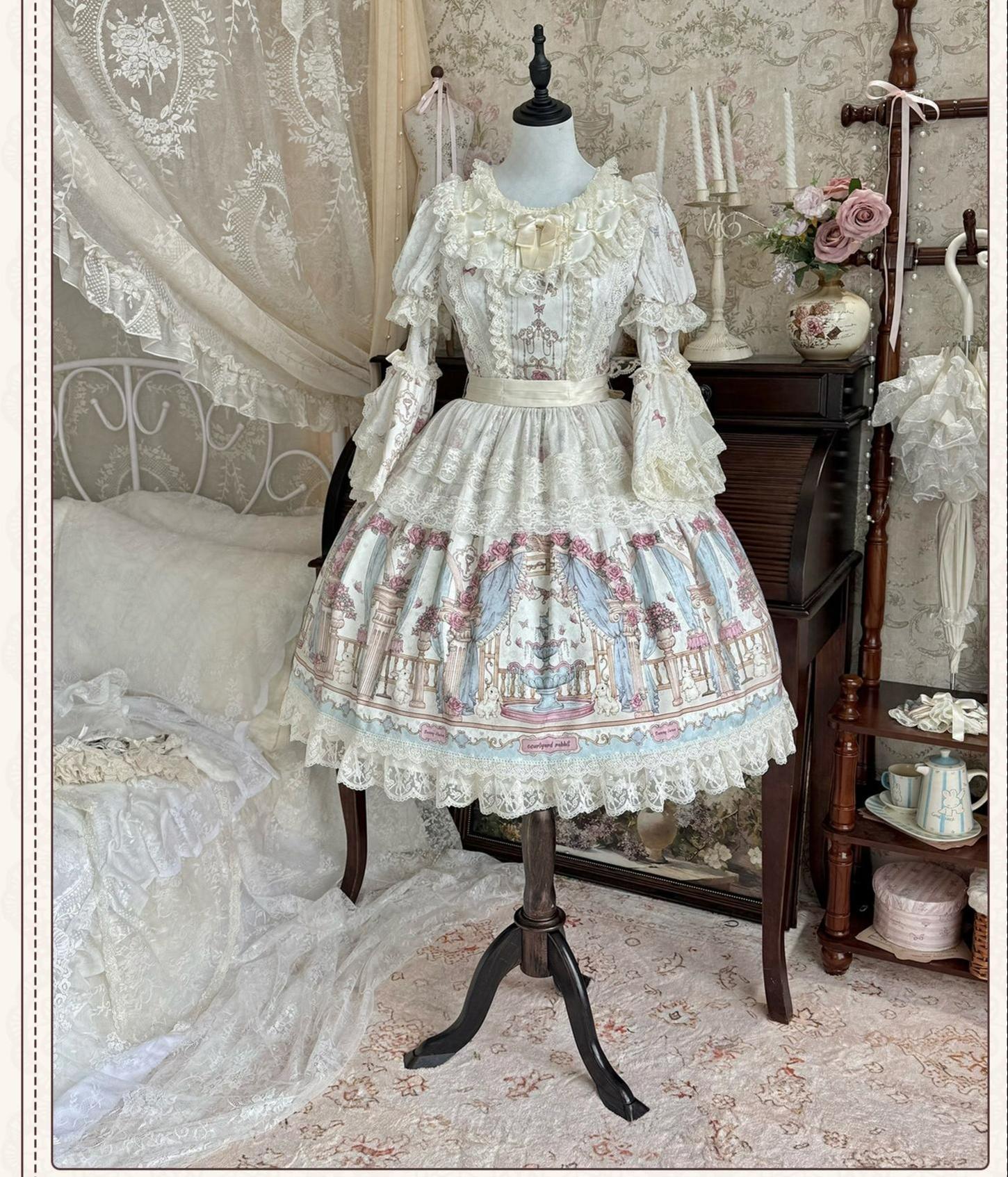 Wandering Rabbit's Palace - Doll-like Classic Lolita Palace Print OP Dress with Lace