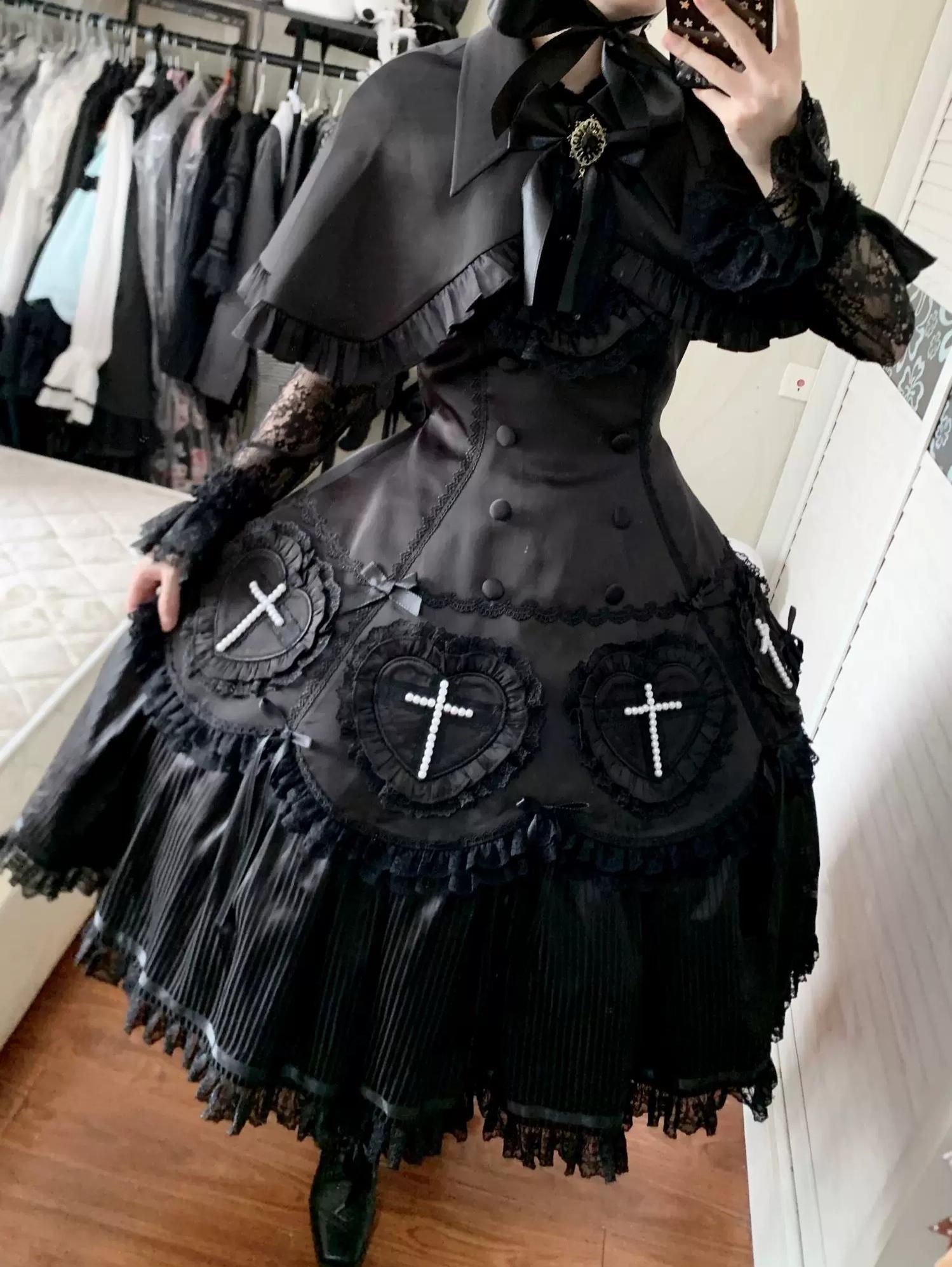 Nocthymn Cross - Gothic Lolita OP Dress with Pearled Cross, Detachable Sleeves 45813:863477