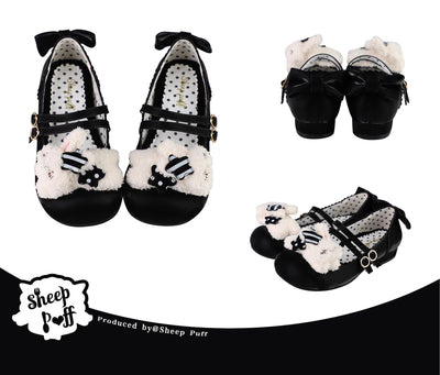 Sheep Puff~Mimitty Rabbit~Kawaii Lolita Low Heel Shoes Plush Bunny Spring Lolita Shoes Black 34 