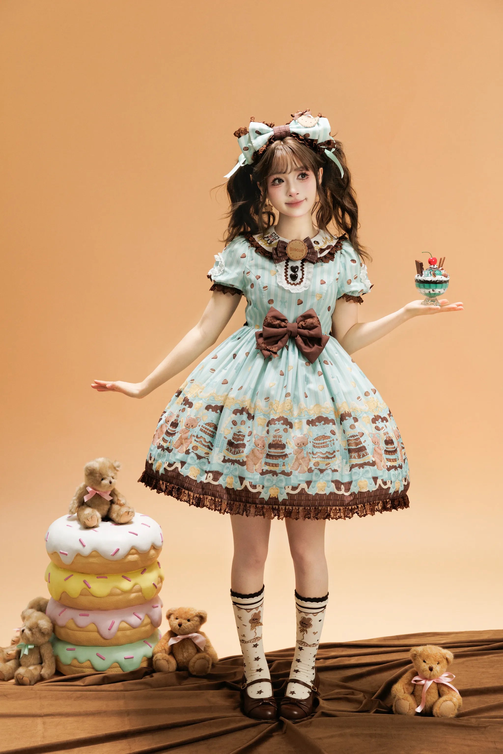 Cake Bear - Sweet Lolita Embroidered Collar Dress, Bear and Cake Print Mint Green - OP Only S