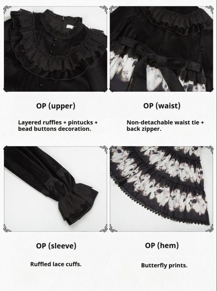 With PUJI - Dead Leaf Butterfly - Gothic Lolita JSK & OP Dress Set, Butterfly Print 44346:805425